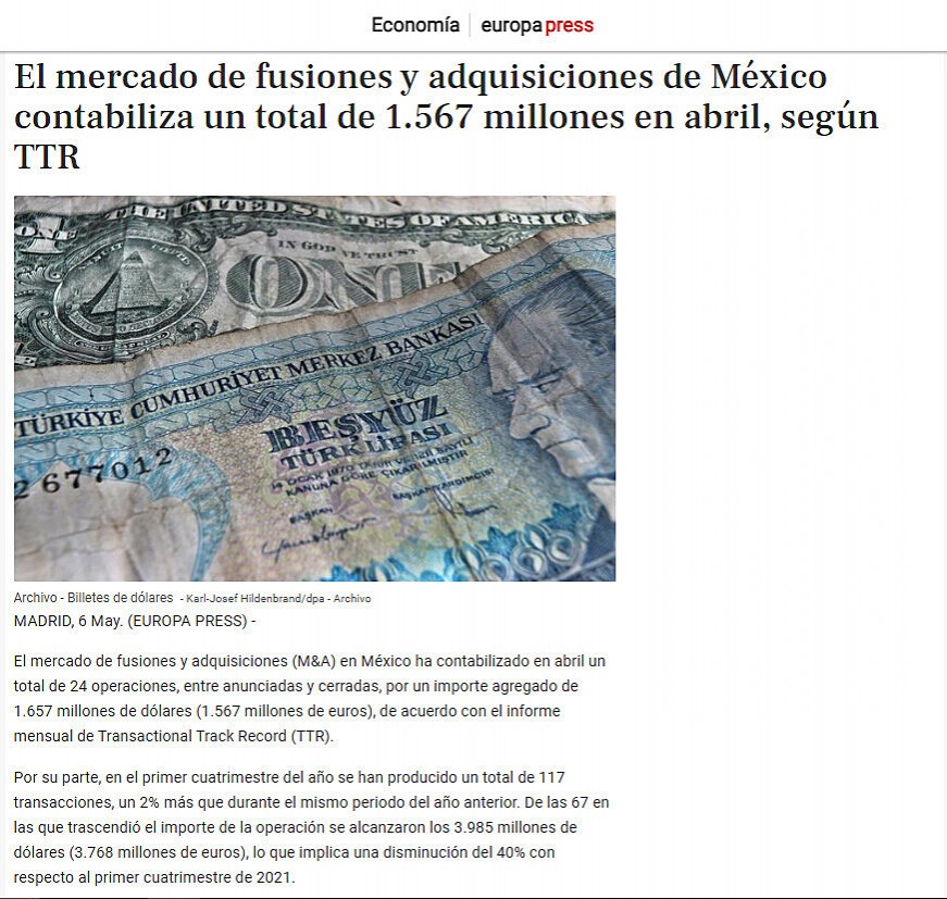 El mercado de fusiones y adquisiciones de Mxico contabiliza un total de 1.567 millones en abril, segn TTR